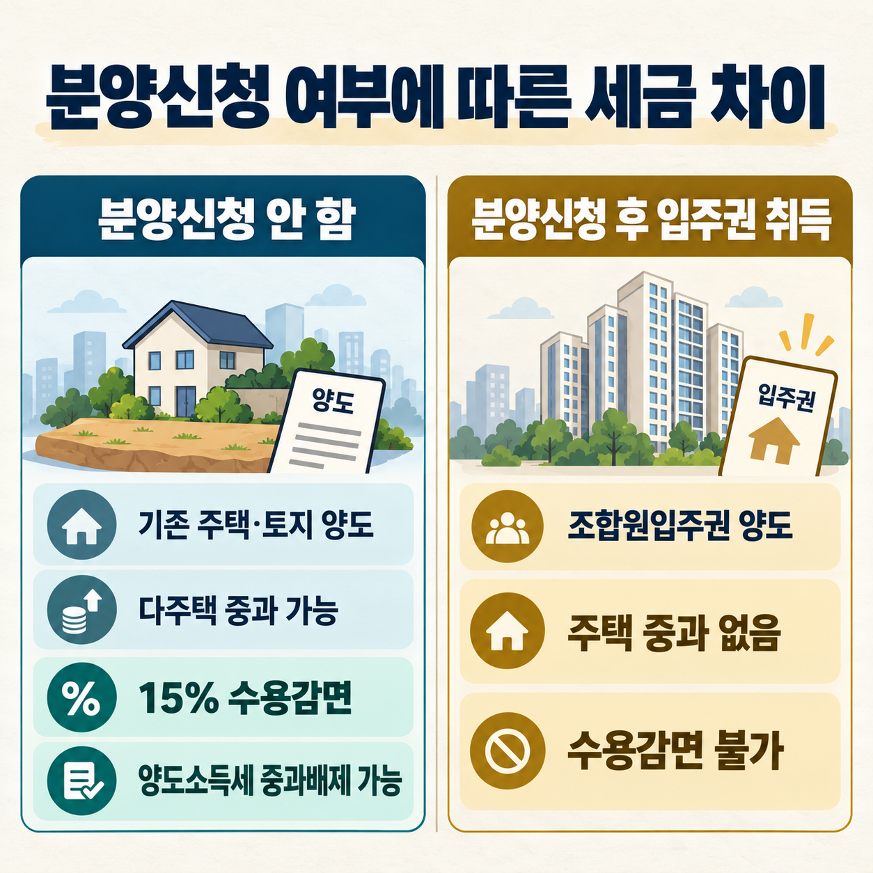 분양신청 여부에 따른 주택과 조합원입주권 양도세 비교